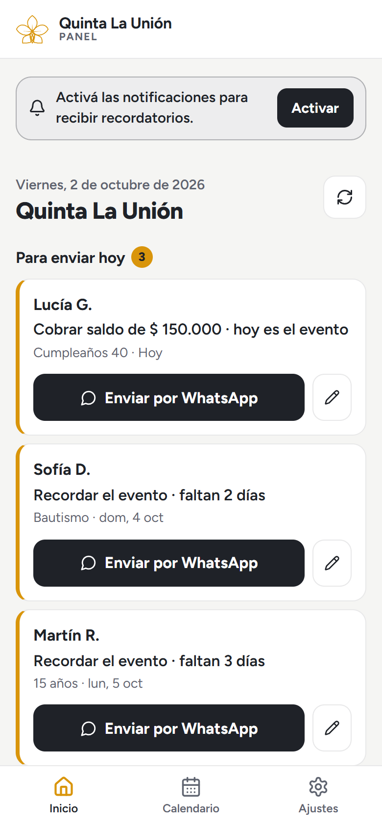 Panel de Quinta La Unión en el celular: los avisos para enviar hoy por WhatsApp